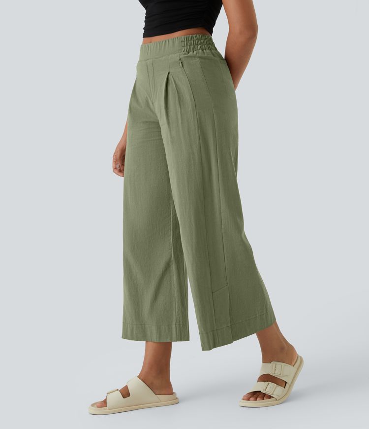 Pantalon palazzo 7/8 taille haute à plis, poches multiples et fentes latérales, aspect lin
