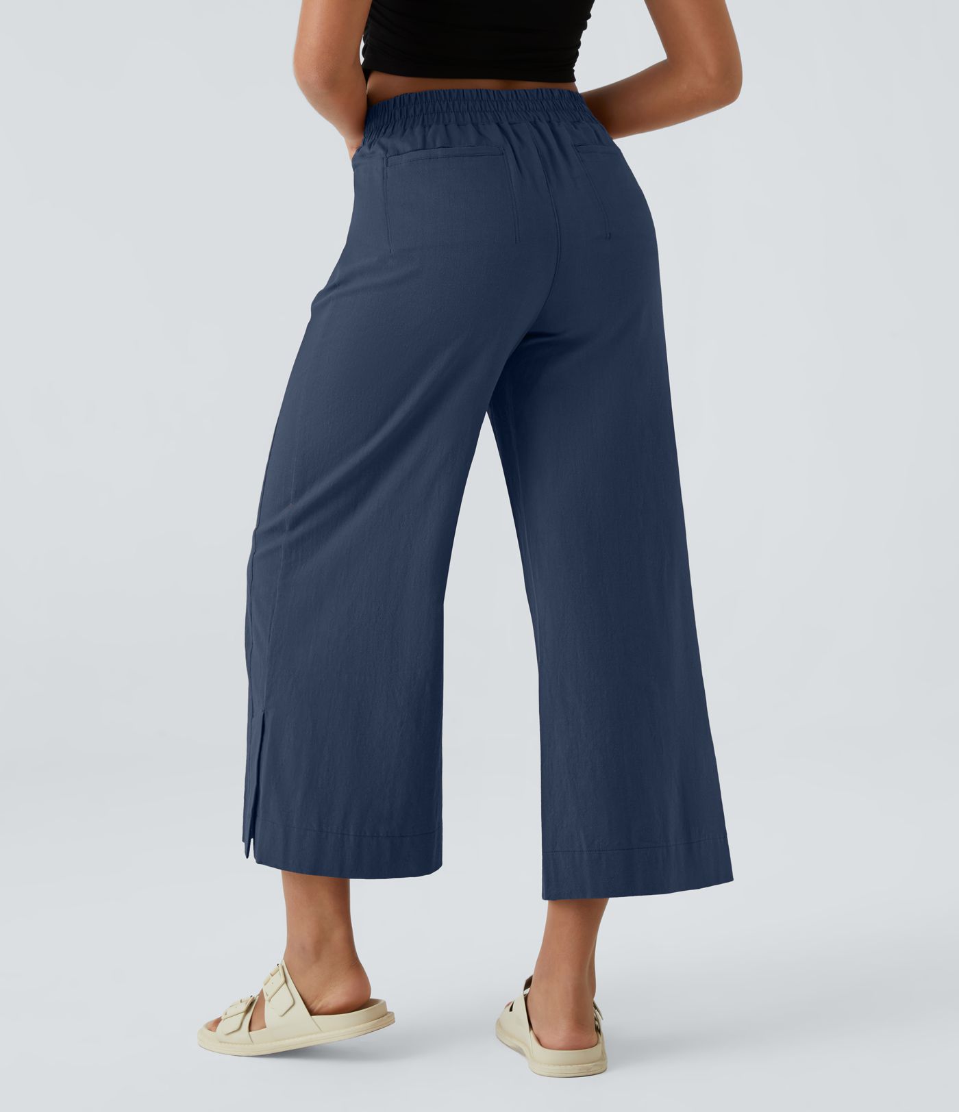 High Waisted Pockets Hem Wide Leg Palazzo Capri Casual Linen-Feel Pants