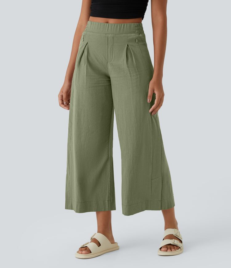 Pantalon palazzo 7/8 taille haute à plis, poches multiples et fentes latérales, aspect lin