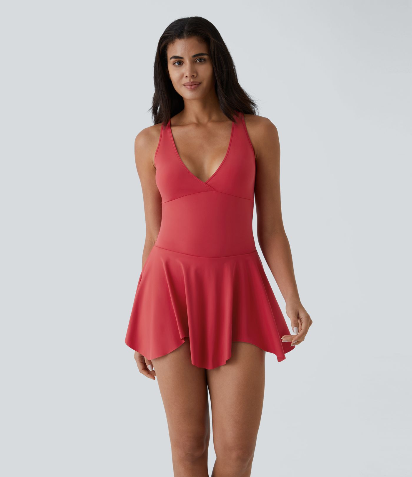 Deep V Neck Racerback 2-in-1 Side Pocket Flare Mini Casual Dress