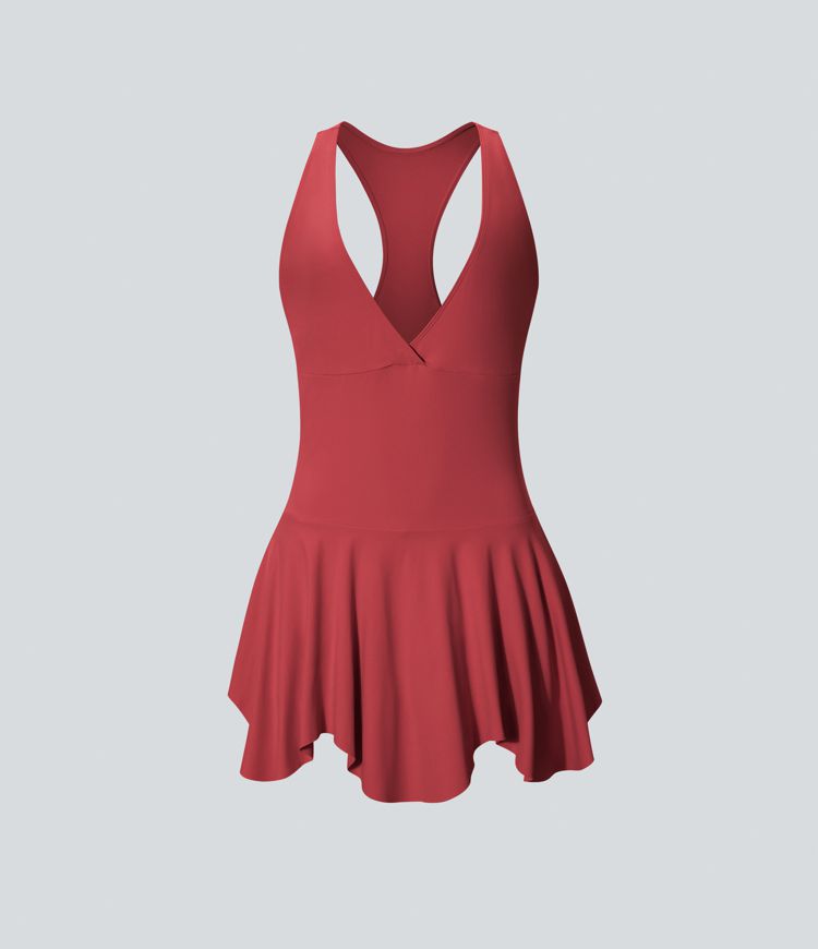 Mini vestido bolsillo lateral 2 en 1 sin mangas cuello en V profundo