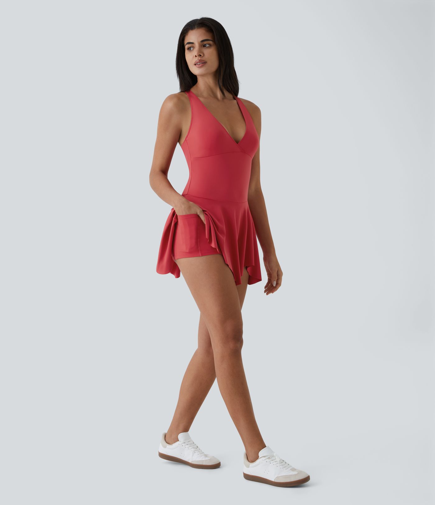 Deep V Neck Racerback 2-in-1 Side Pocket Flare Mini Casual Dress