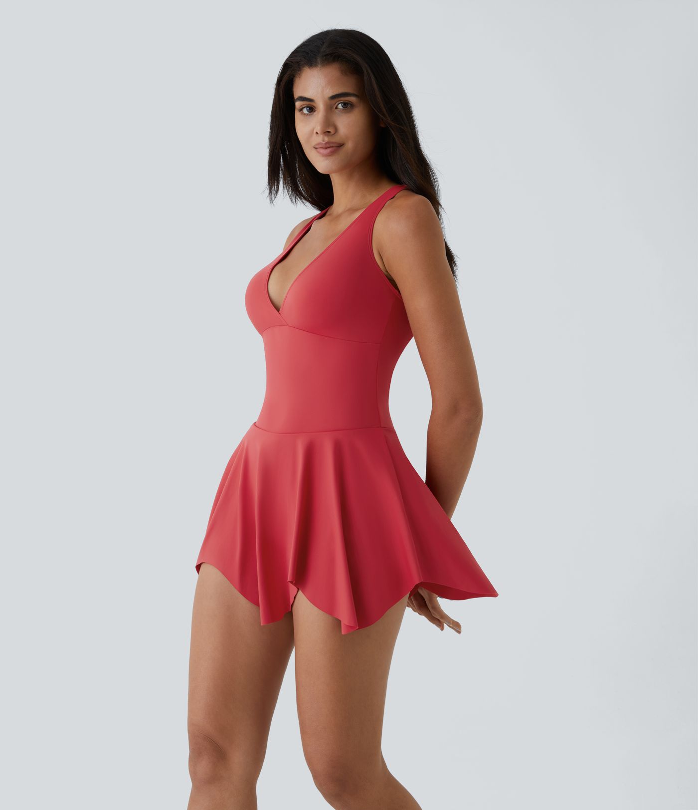 Deep V Neck Racerback 2-in-1 Side Pocket Flare Mini Casual Dress