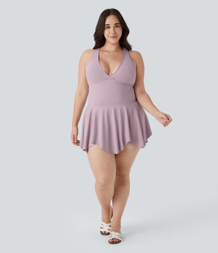 Deep V Neck Racerback Sleeveless 2-in-1 Pocket Mini Casual Plus Size Dress