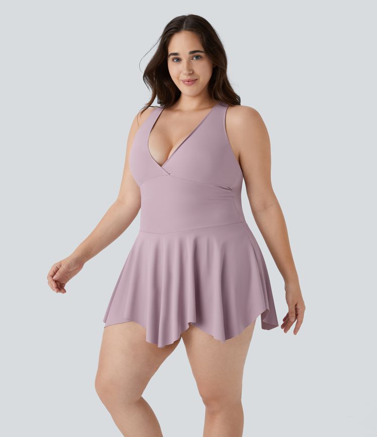 Deep V Neck Racerback Sleeveless 2-in-1 Pocket Mini Casual Plus Size Dress