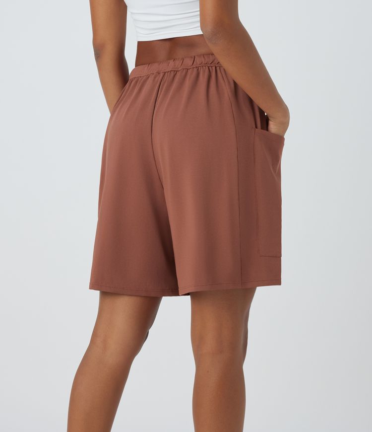 Pantalones cortos informales de pierna ancha con cintura elástica y cordón ajustable en el bolsillo lateral Palazzo