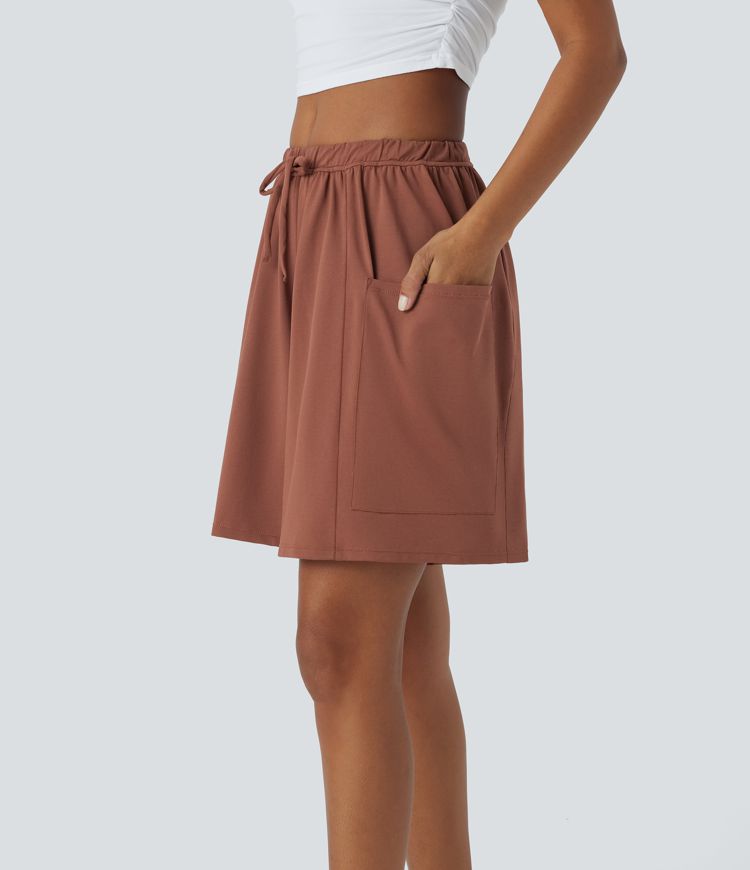 Pantalones cortos informales de pierna ancha con cintura elástica y cordón ajustable en el bolsillo lateral Palazzo