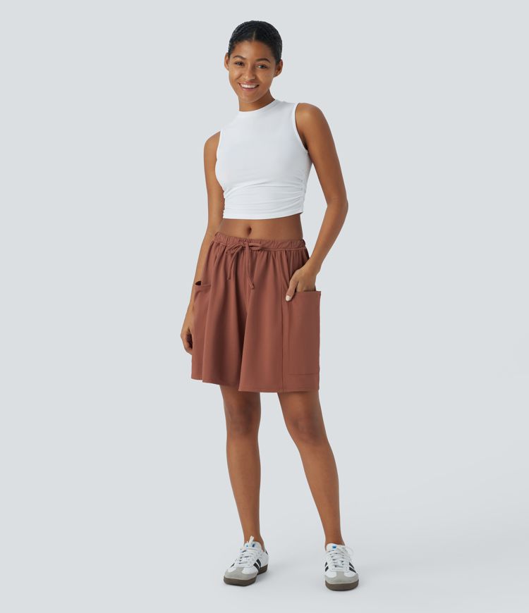 Pantalones cortos informales de pierna ancha con cintura elástica y cordón ajustable en el bolsillo lateral Palazzo