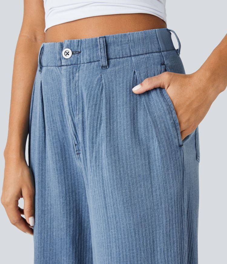 Halara Flex™ Jean Casual Carotte Taille Mi Haute Poches Multiples Lavé et Extensible en Tricot