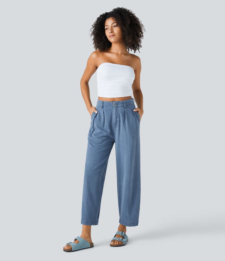 Halara Flex™ Jean Casual Carotte Taille Mi Haute Poches Multiples Lavé et Extensible en Tricot