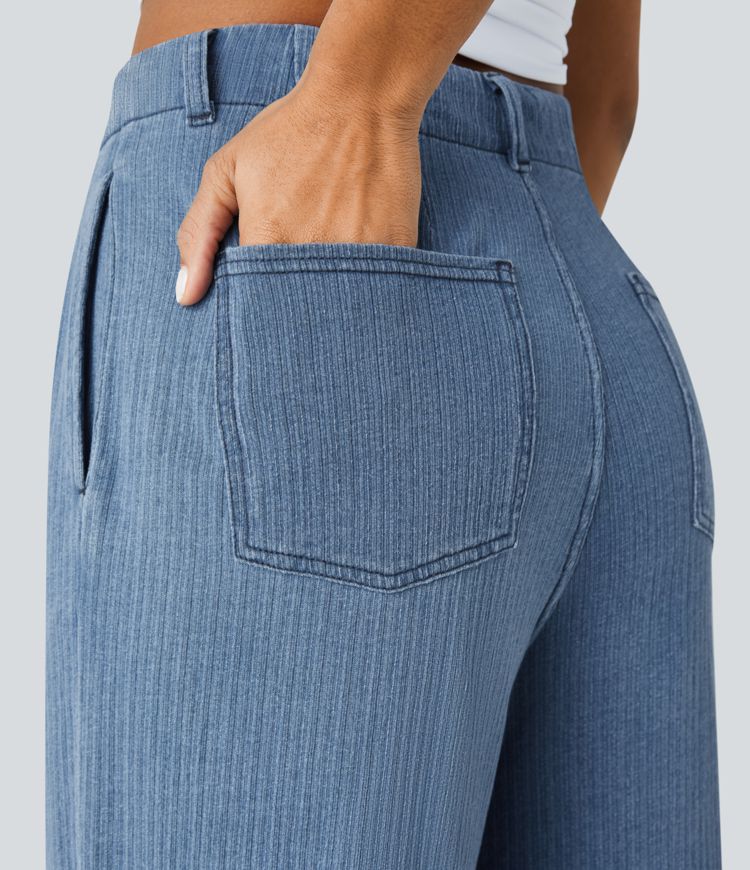 Halara Flex™ Jean Casual Carotte Taille Mi Haute Poches Multiples Lavé et Extensible en Tricot