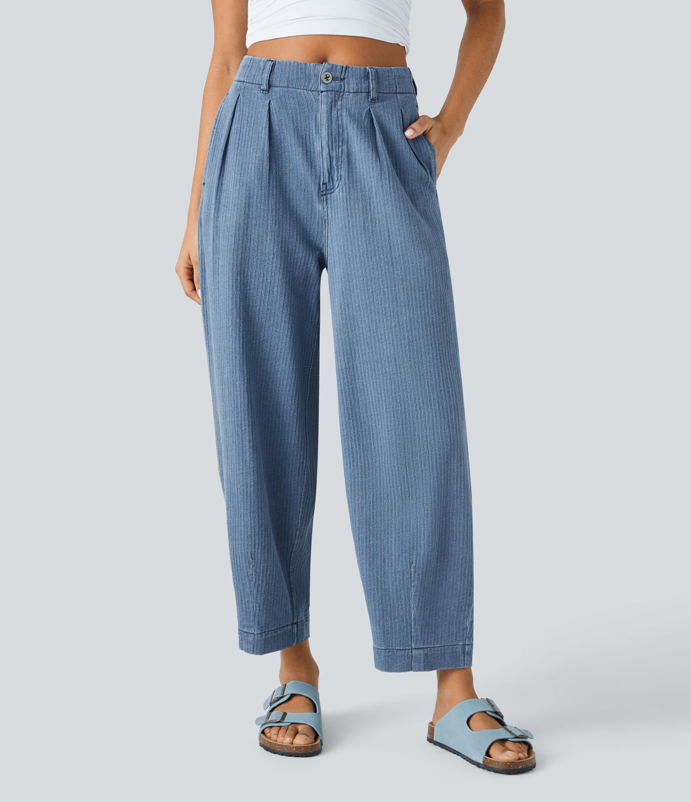 Jean Carotte Décontracté Lavé à Coupe Barrel avec Poches Halara Flex™ Mi-Taille