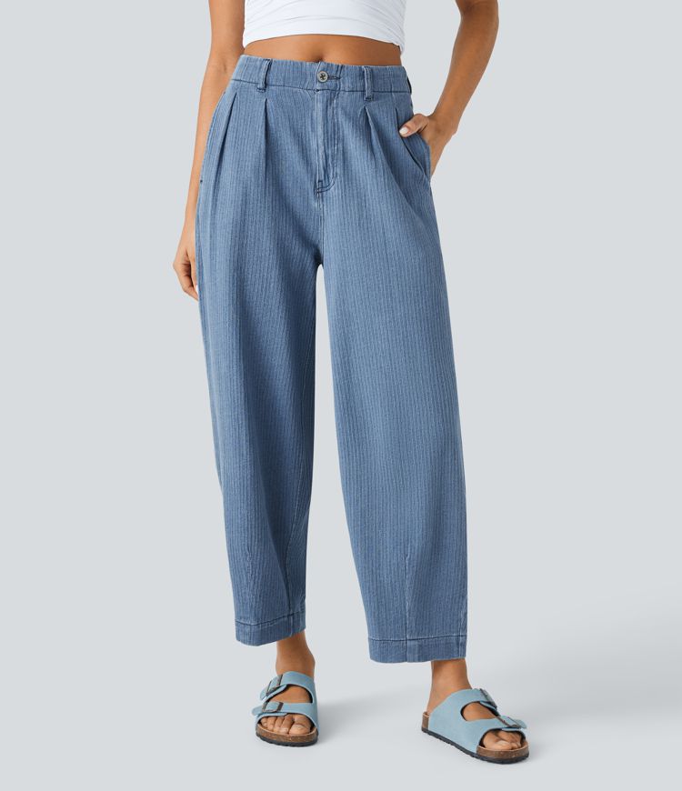 Halara Flex™ Jean Casual Carotte Taille Mi Haute Poches Multiples Lavé et Extensible en Tricot