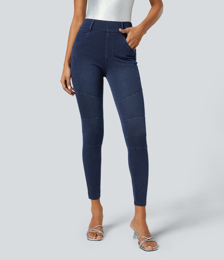 Halara Flex™ ハイウエスト マルチポケット 7/8 ストレッチニットデニム カジュアルバイカーレギンス