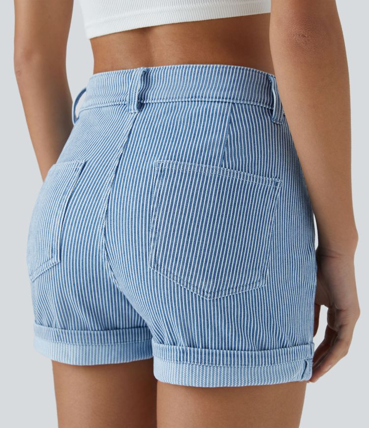 Halara Flex™ Short Casual en Denim Tricot Extensible Lavé Rayures Ourlet Relevé et Multiples Poches à Taille Mi-Haute