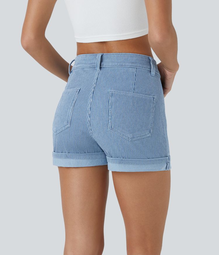 Halara Flex™ Short Casual en Denim Tricot Extensible Lavé Rayures Ourlet Relevé et Multiples Poches à Taille Mi-Haute