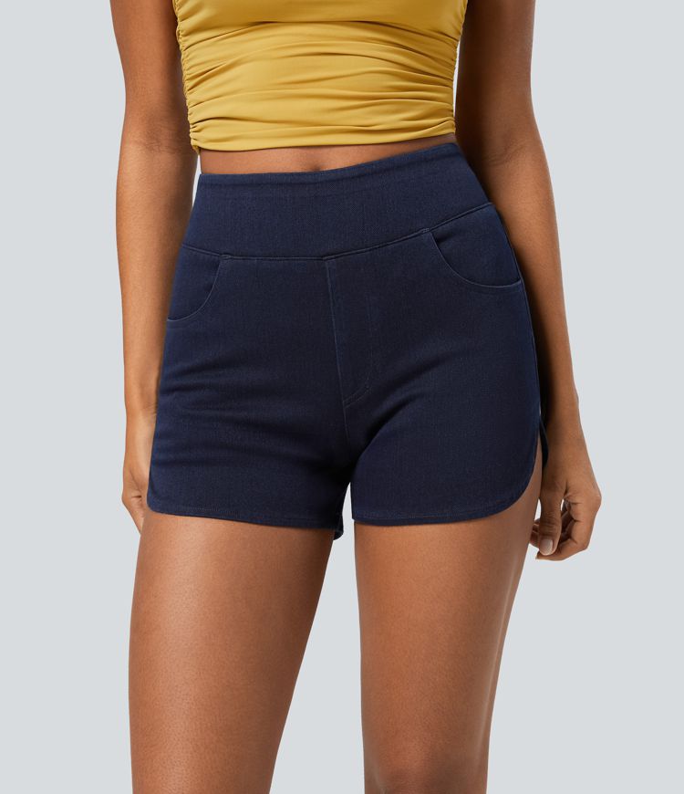 Halara Flex™ High Waist Multi-Pocket Curved Hem Skinny Washed Stretch Knit Denim Casual Shorts 3''