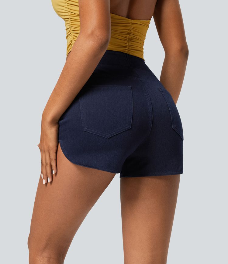 Halara Flex™ High Waist Multi-Pocket Curved Hem Skinny Washed Stretch Knit Denim Casual Shorts 3''