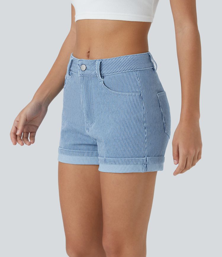 Halara Flex™ Short Casual en Denim Tricot Extensible Lavé Rayures Ourlet Relevé et Multiples Poches à Taille Mi-Haute