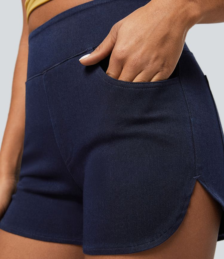 Halara Flex™ High Waist Multi-Pocket Curved Hem Skinny Washed Stretch Knit Denim Casual Shorts 3''