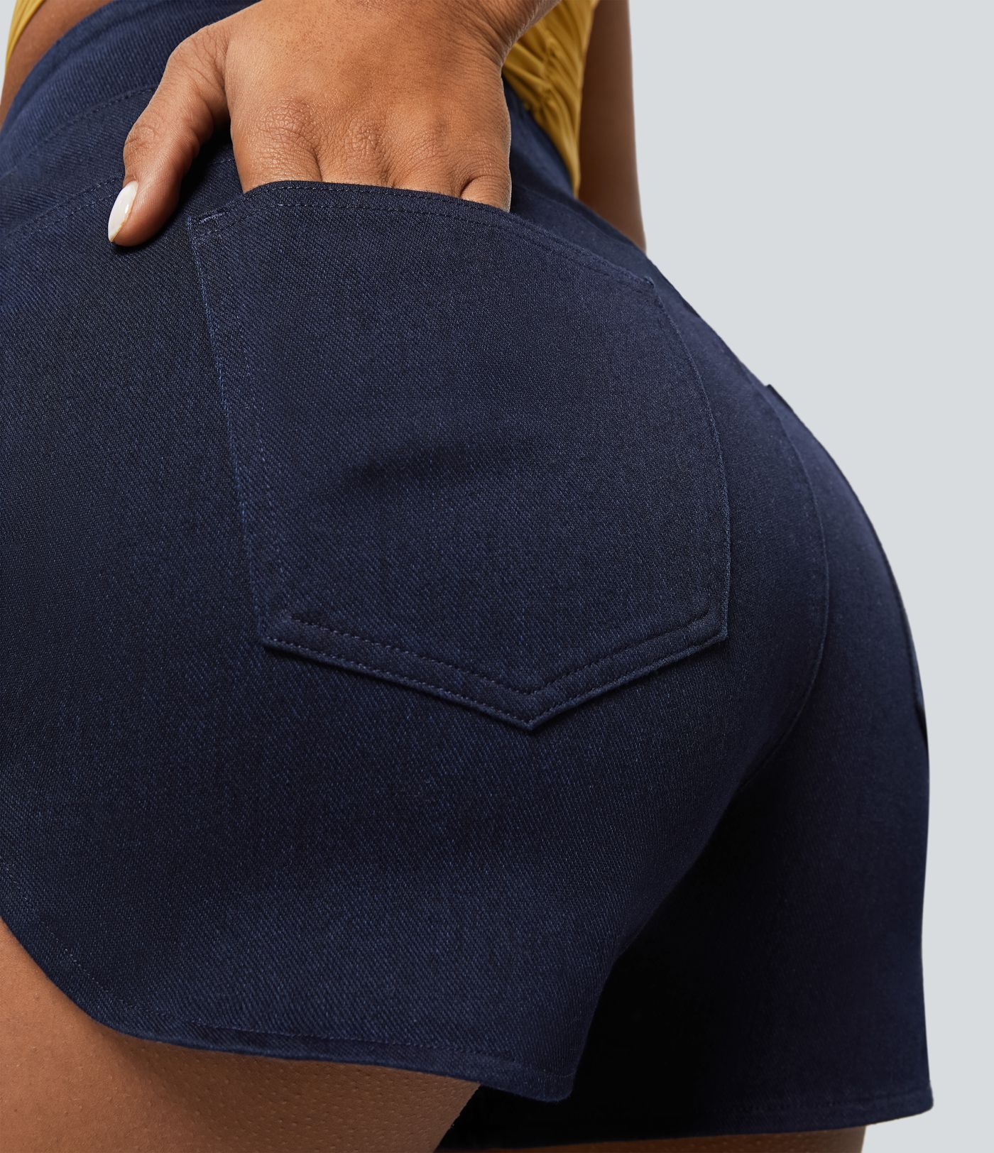 Halara Flex™ Short 7,5cm Casual Denim Tricot Extensible Lavé Skinny Taille Haute avec Plusieurs Poches et Ourlet Courbé