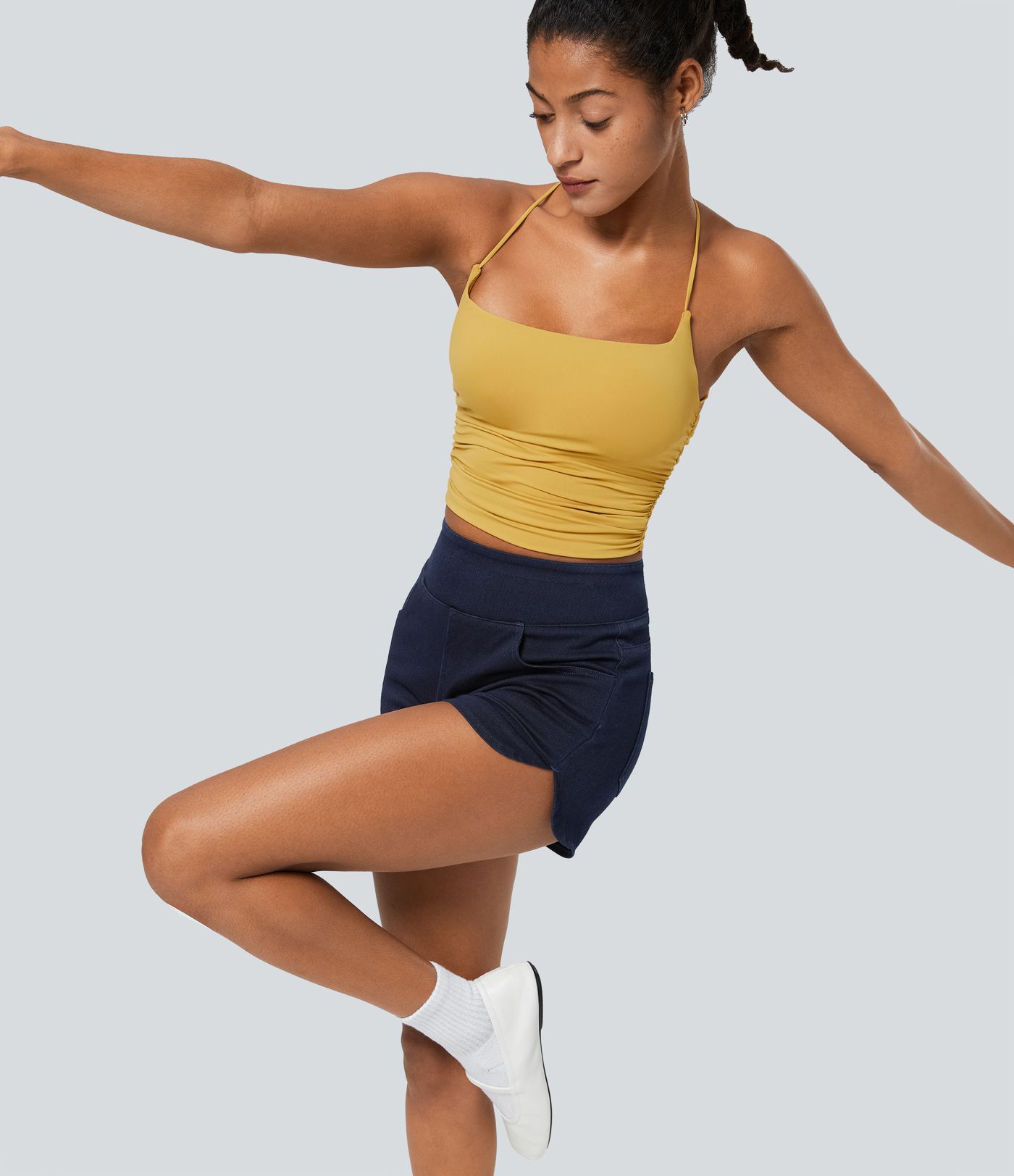 Halara Flex™ Short 7,5cm Casual Denim Tricot Extensible Lavé Skinny Taille Haute avec Plusieurs Poches et Ourlet Courbé