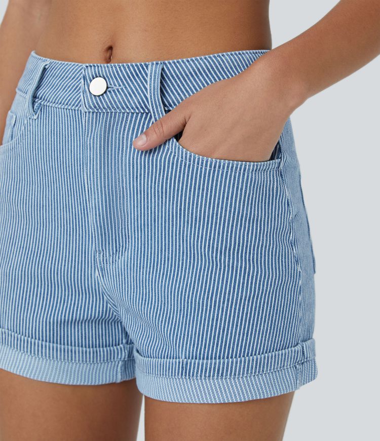 Halara Flex™ Short Casual en Denim Tricot Extensible Lavé Rayures Ourlet Relevé et Multiples Poches à Taille Mi-Haute