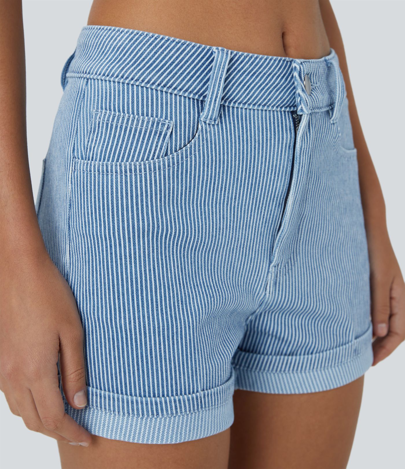 Shorts Halara Flex™ Denim mezclilla elástico lavado raya dobladillo enrollado múltiple bolsillo tiro medio