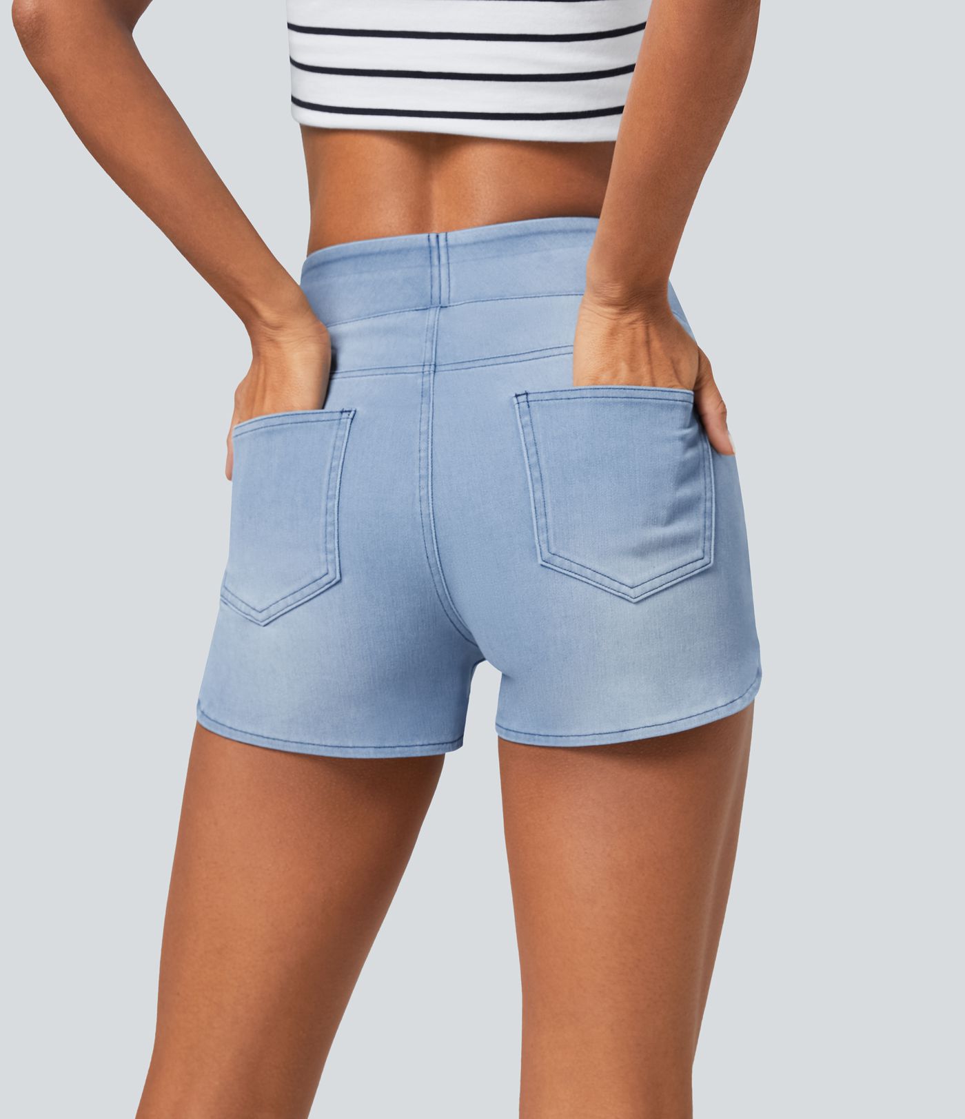 Halara Flex™ High Waisted Pockets Curved Hem Skinny Washed Denim Casual Shorts 3''