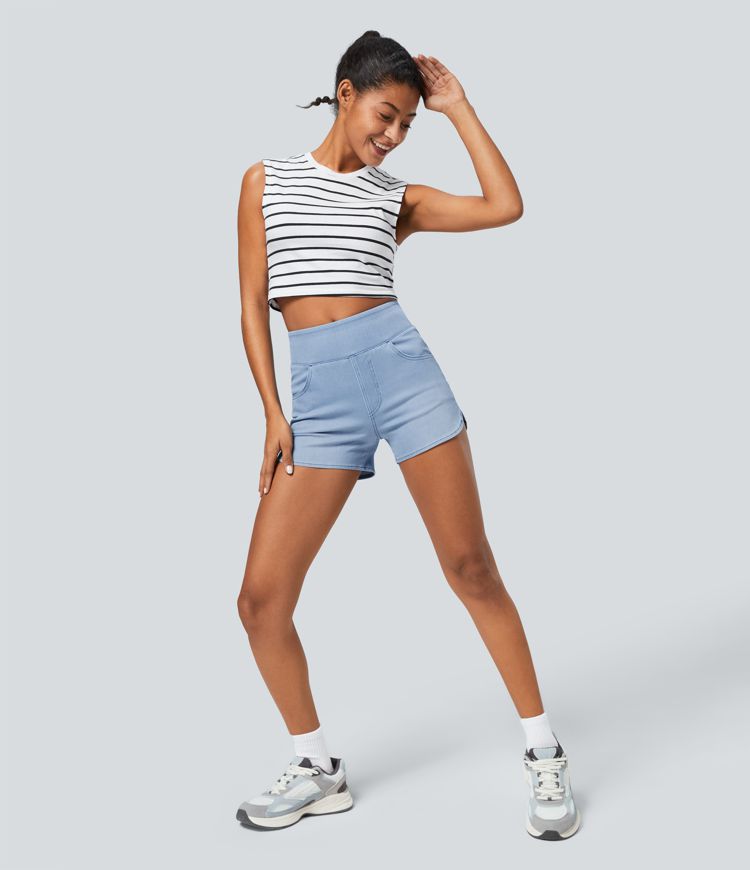 Halara Flex™ High Waisted Pockets Curved Hem Skinny Washed Denim Casual Shorts 3''