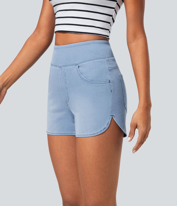 Halara Flex™ High Waisted Pockets Curved Hem Skinny Washed Denim Casual Shorts 3''