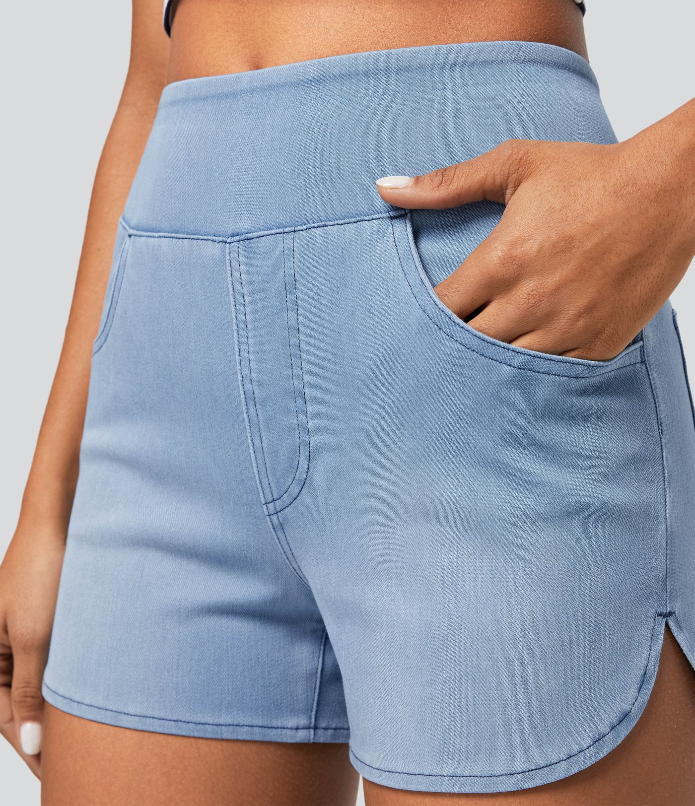Halara Flex™ High Waisted Pockets Curved Hem Skinny Washed Denim Casual Shorts 3''
