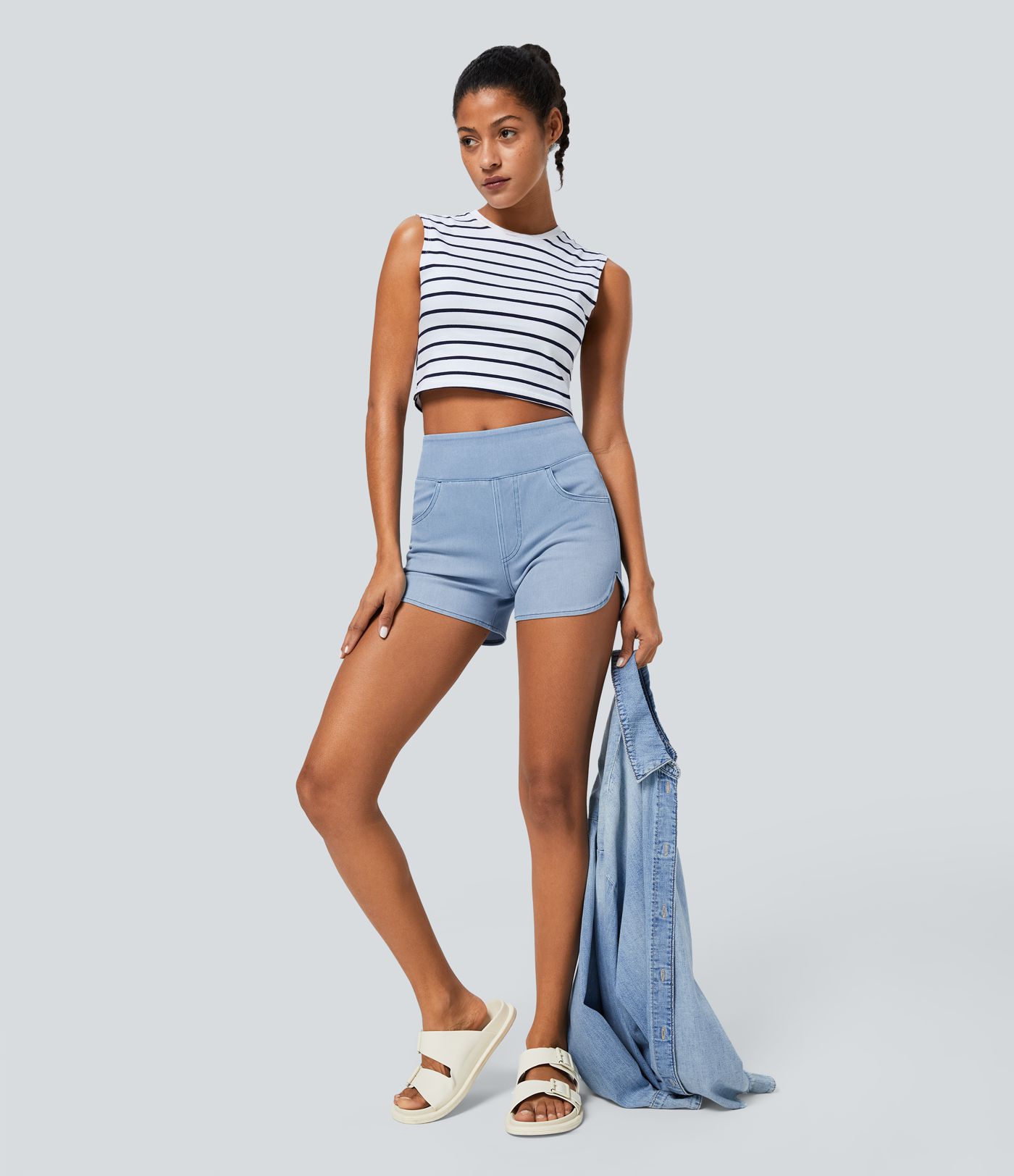 Halara Flex™ High Waisted Pockets Curved Hem Skinny Washed Denim Casual Shorts 3''