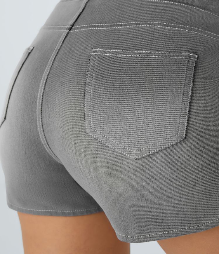 Halara Flex™ High-Waisted Multi-Pocket Curved Hem Skinny Stretch Knit Denim Casual Shorts, 3-Inch