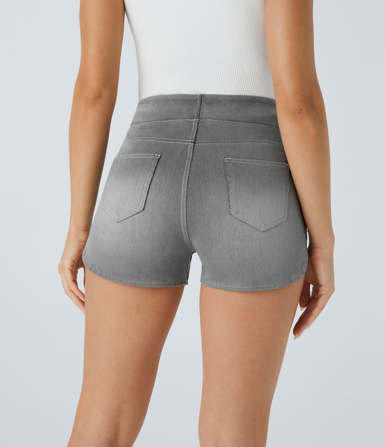 Halara Flex™ High-Waisted Multi-Pocket Curved Hem Skinny Stretch Knit Denim Casual Shorts, 3-Inch