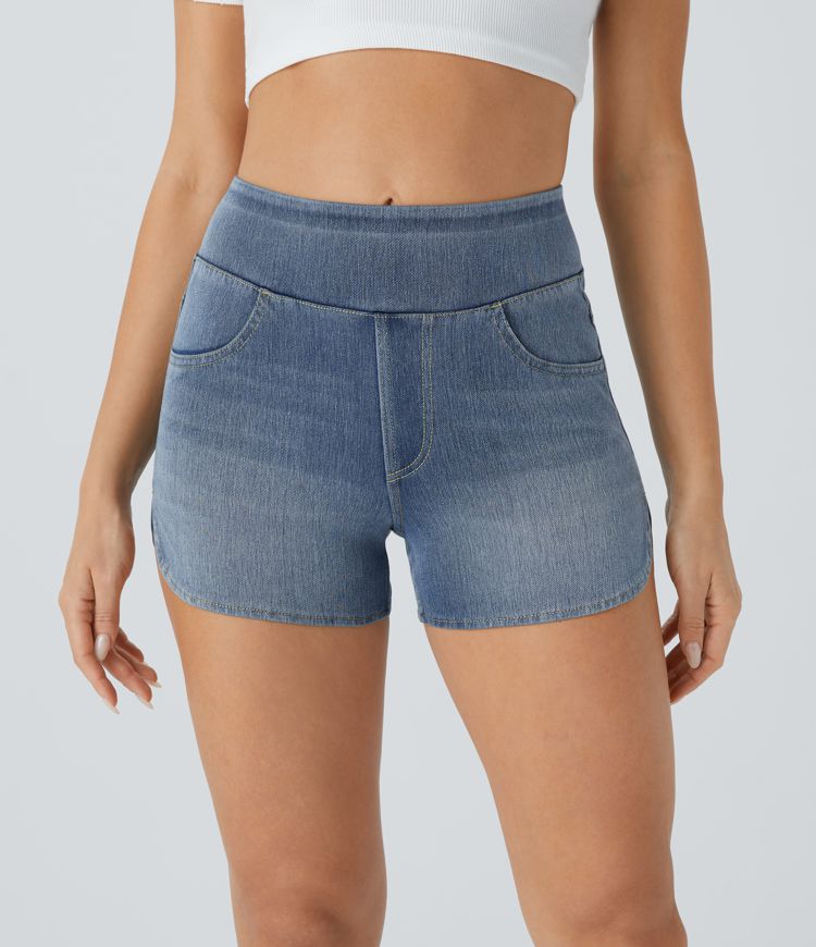 Halara Flex™ High Waist Multi-Pocket Curved Hem Skinny Stretch Knit Denim Casual Shorts 3-Inch