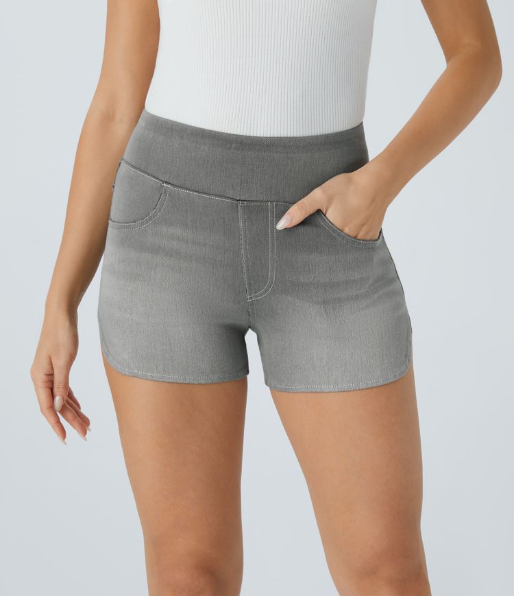 Halara Flex™ High-Waisted Multi-Pocket Curved Hem Skinny Stretch Knit Denim Casual Shorts, 3-Inch