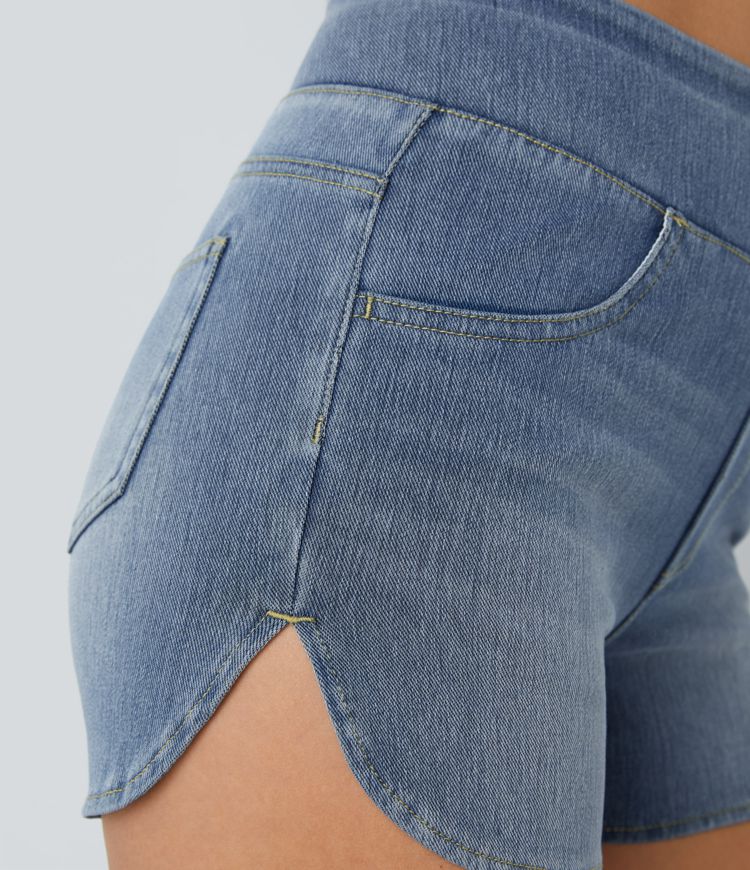 Halara Flex™ High Waist Multi-Pocket Curved Hem Skinny Stretch Knit Denim Casual Shorts 3-Inch