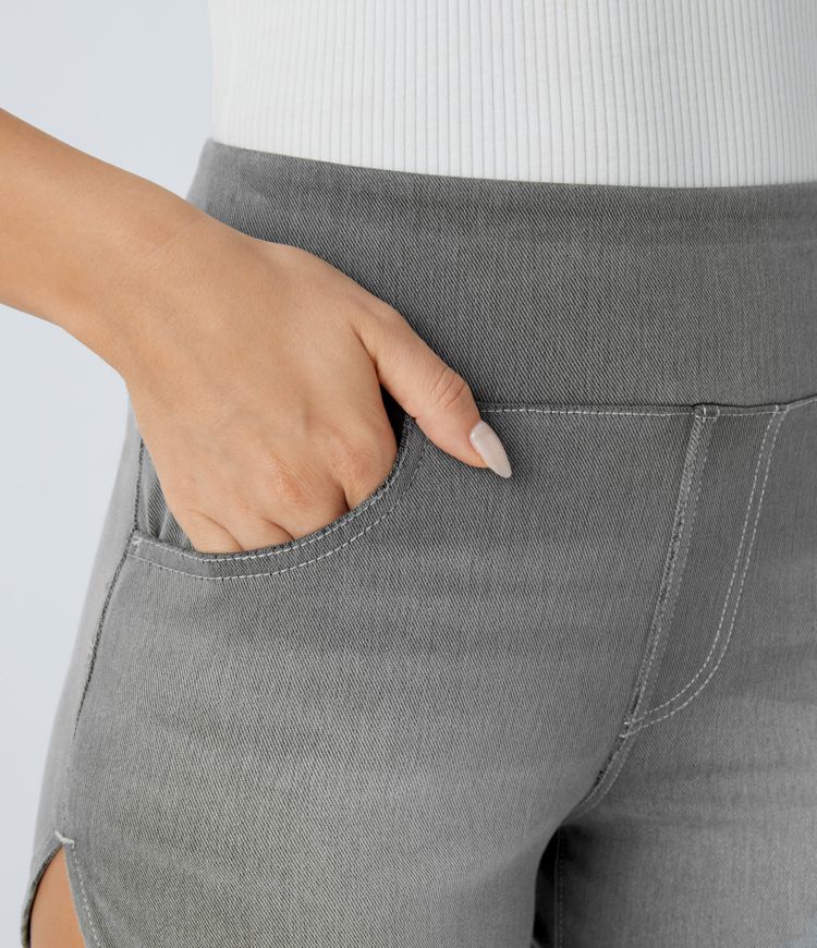 Halara Flex™ High-Waisted Multi-Pocket Curved Hem Skinny Stretch Knit Denim Casual Shorts, 3-Inch