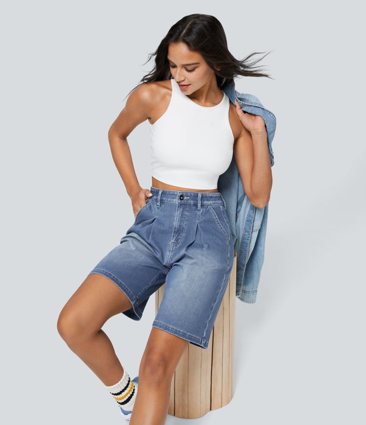 HalaraFlex™ High Waist Button Zipper Foldover Multiple Pocket Washed Stretch Knit Denim Casual Shorts