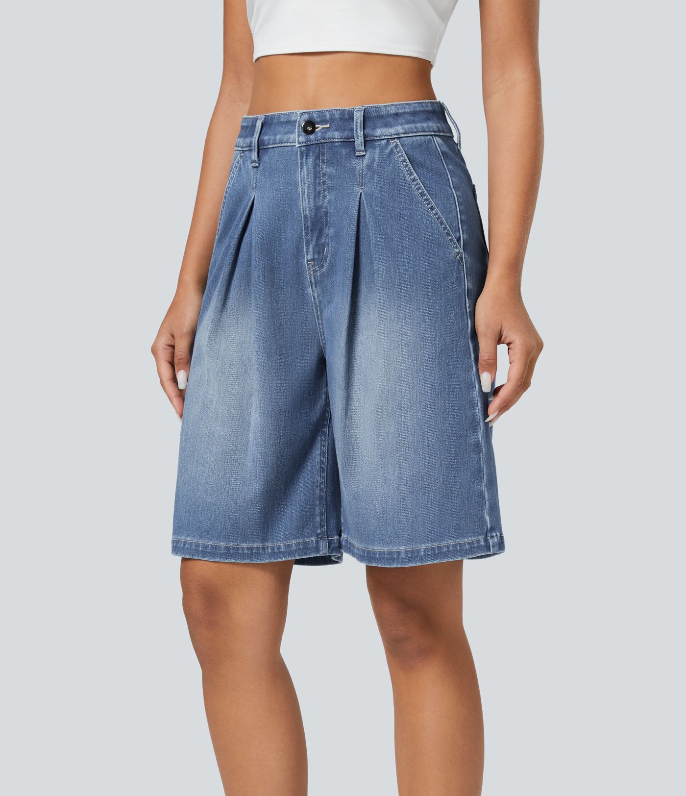 Pantalón Corto Halara Flex™ Denim mezclilla elástica lavada múltiples bolsillos cremallera botón tiro alto