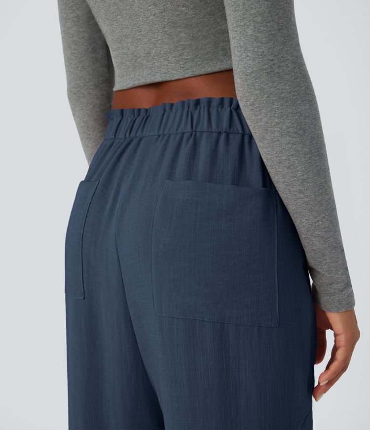 Low Rise Frill Pockets Linen-Feel Harem Pants