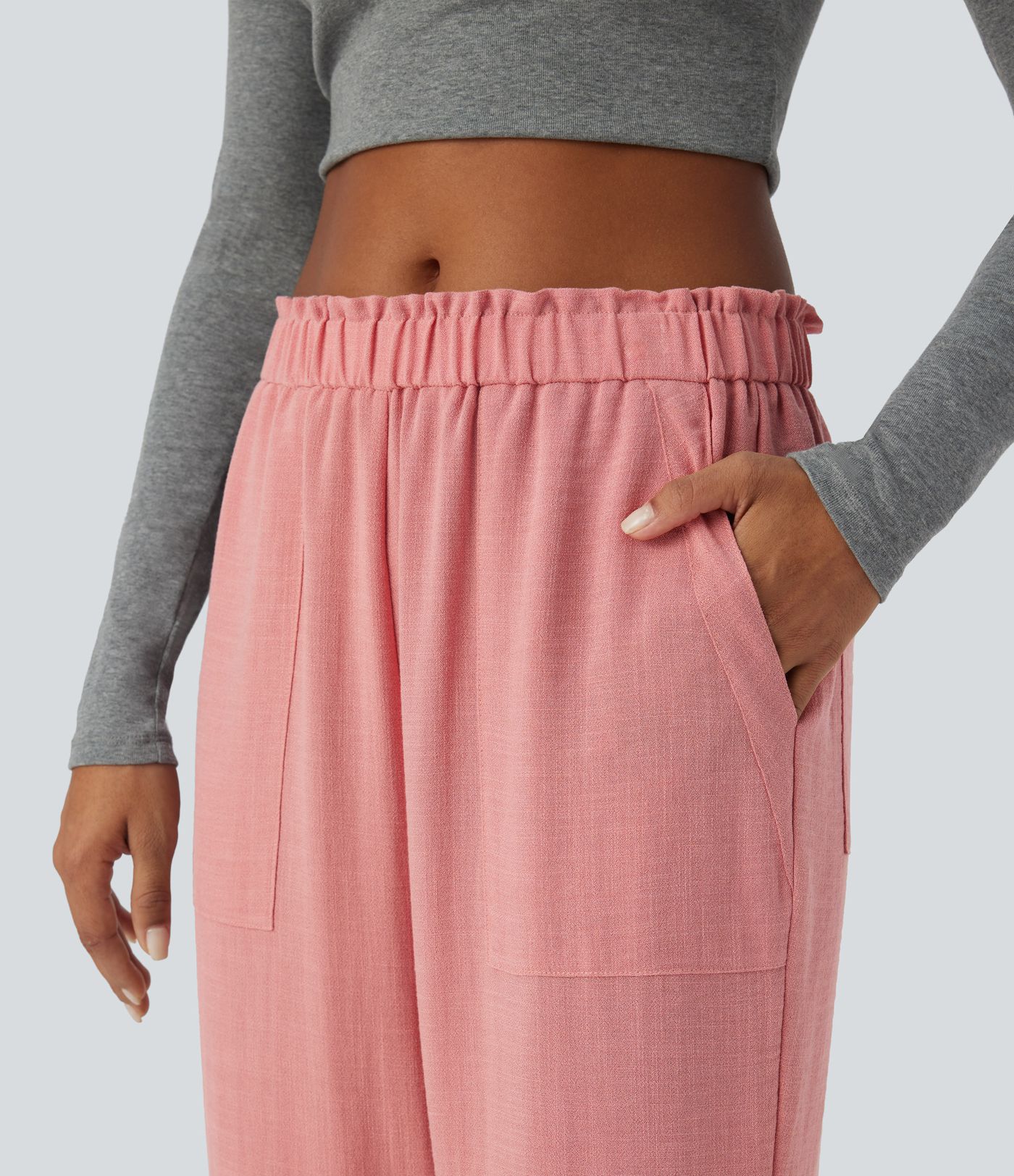 Low Rise Frill Pockets Linen-Feel Harem Pants