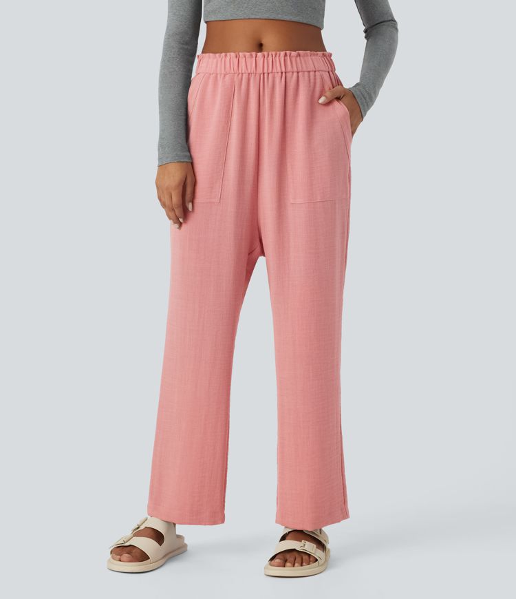 Low Rise Frill Pockets Linen-Feel Harem Pants