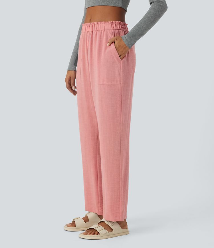 Low Rise Frill Pockets Linen-Feel Harem Pants