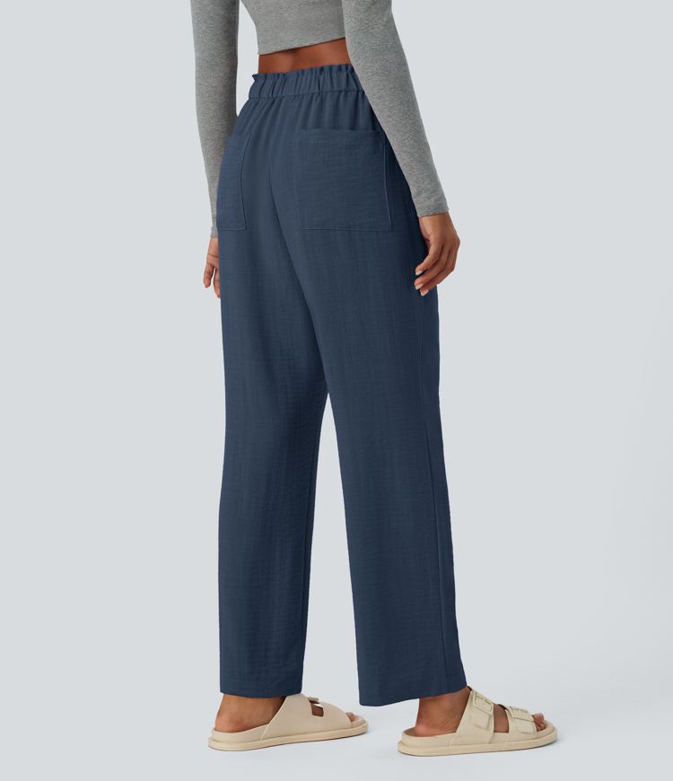 Low Rise Frill Pockets Linen-Feel Harem Pants