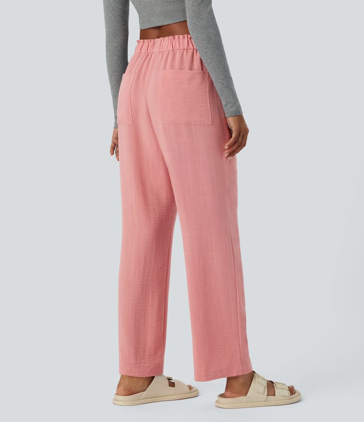 Low Rise Frill Pockets Linen-Feel Harem Pants