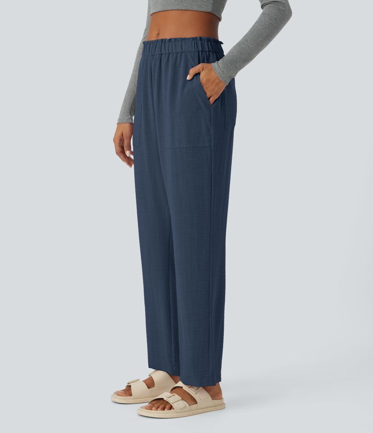 Low Rise Frill Pockets Linen-Feel Harem Pants
