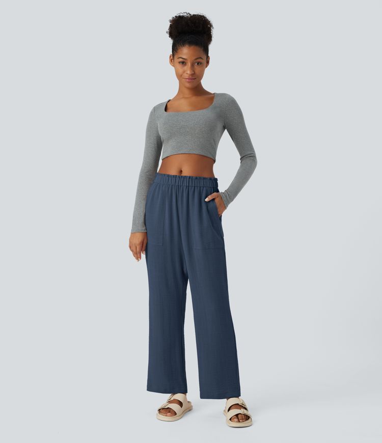 Low Rise Frill Pockets Linen-Feel Harem Pants