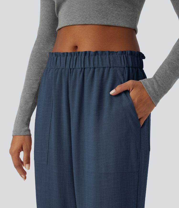 Low Rise Frill Pockets Linen-Feel Harem Pants